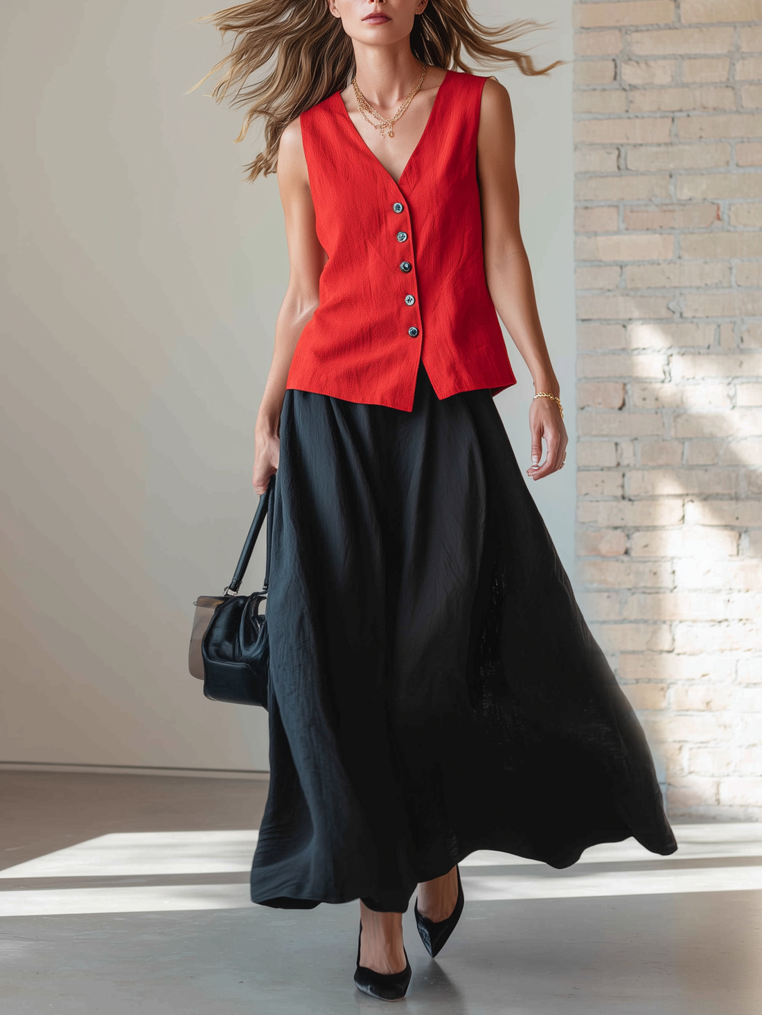 Stylish Minimalist Sleeveless V-Neck Button-Front Red Top And Black Skirt Cotton Set
