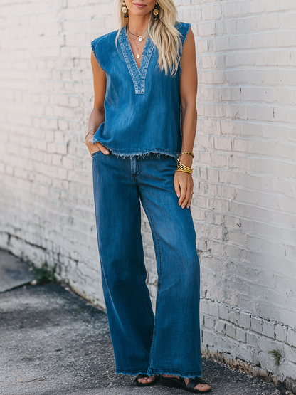 Retro Blue Denim V-Neck Sleeveless Top And Wide Leg Pants Set