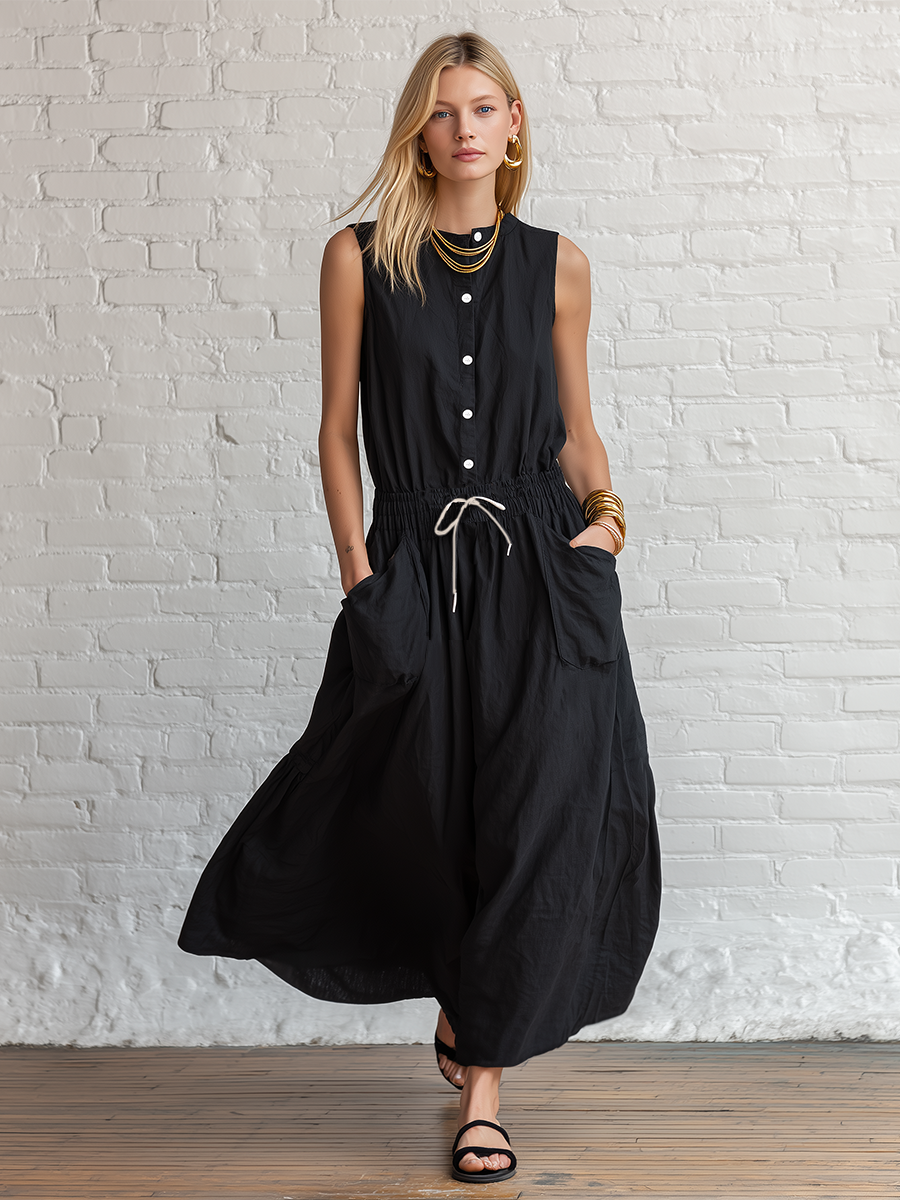 Urban Black Cotton Linen Sleeveless  With Elastic Drawstring Waist Maxi Dress