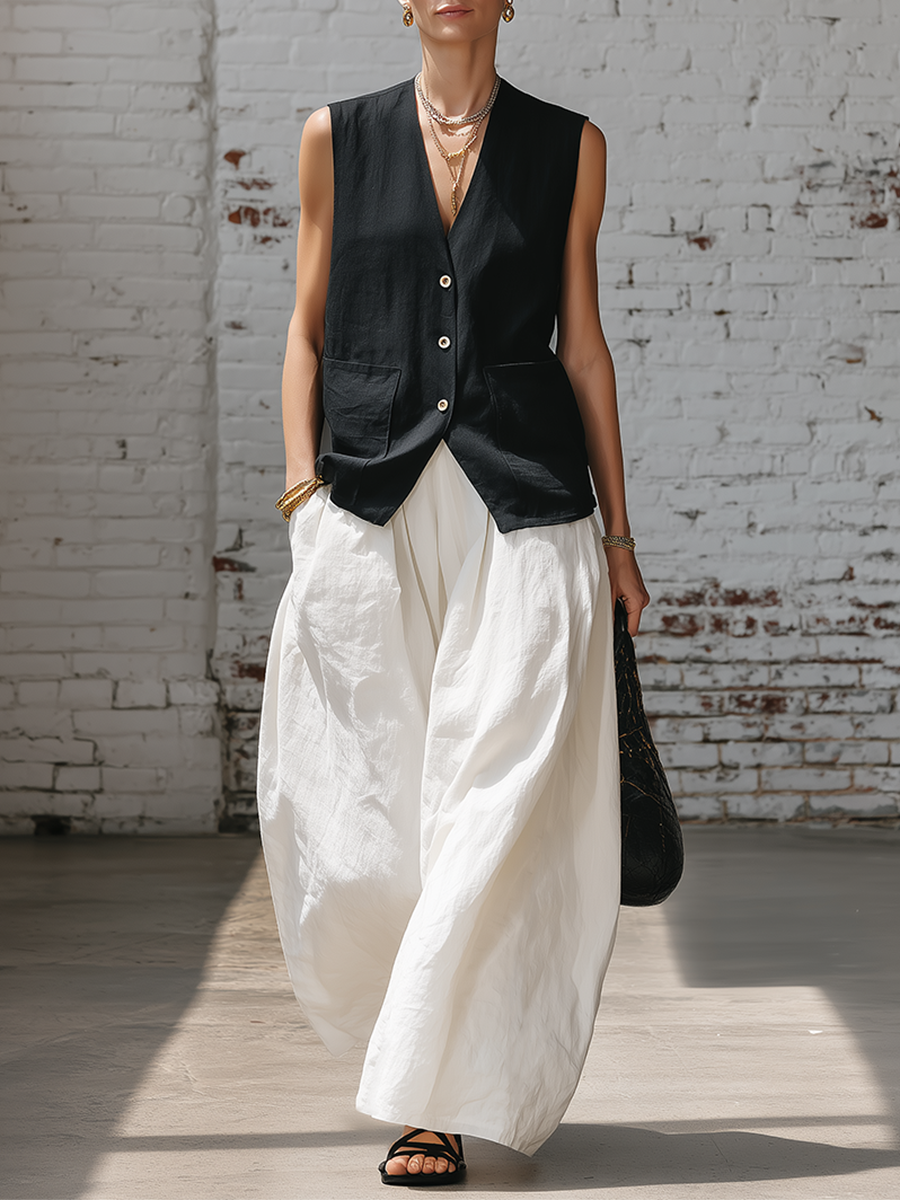 Urban Style Black Cotton Linen Sleeveless Top And White Wide Leg Pants Set