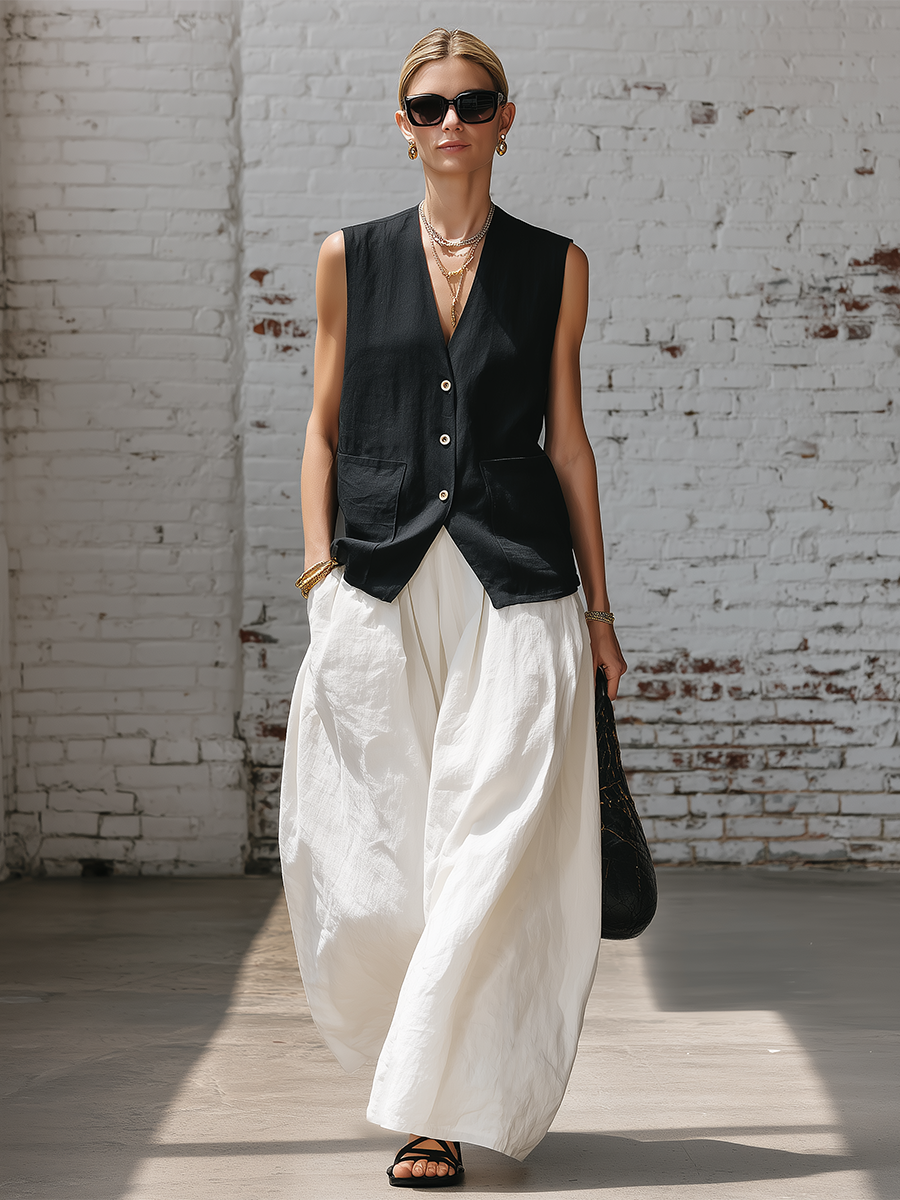 Urban Style Black Cotton Linen Sleeveless Top And White Wide Leg Pants Set