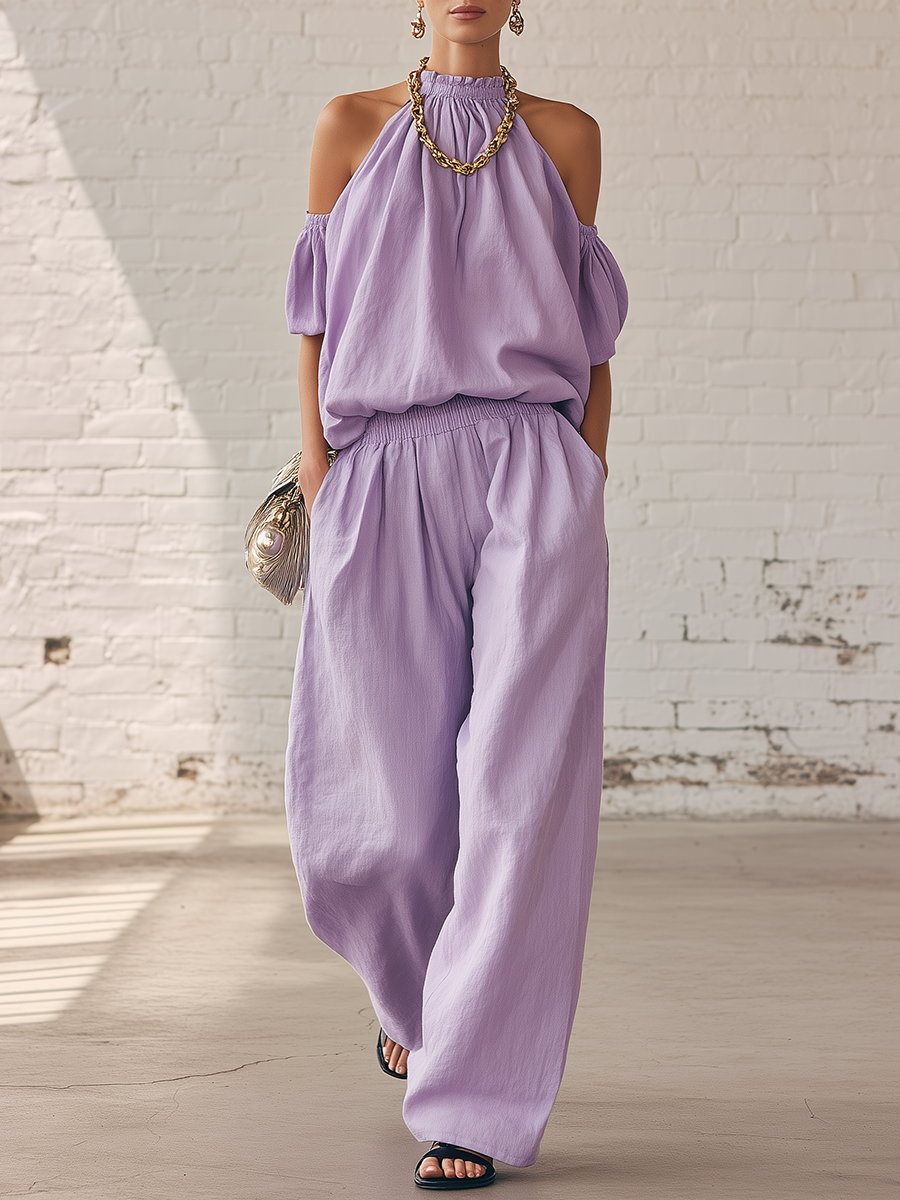 Casual Purple Cotton Linen Halter Neck Short Sleeve Top And Wide Leg Pants Set
