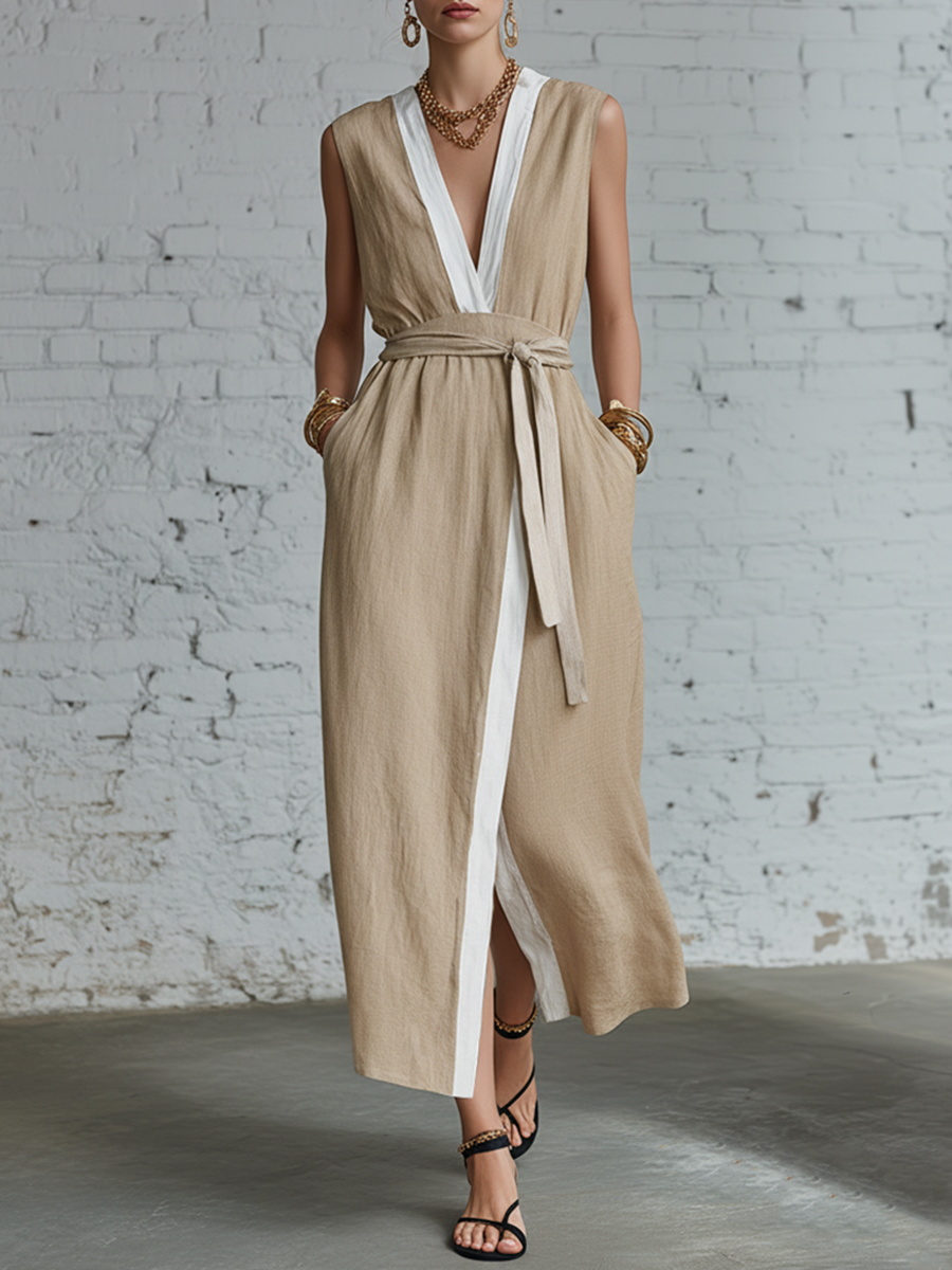 Retro Beige Cotton Linen V-Neck Sleeveless Top And Skirt Set