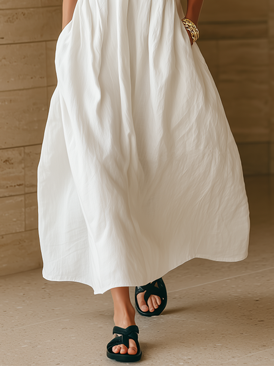 Casual White Cotton Linen Collared Sleeveless Button Down Maxi Dress