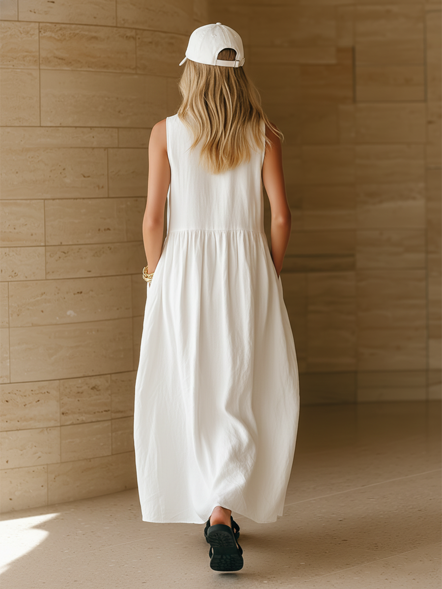 Casual White Cotton Linen Collared Sleeveless Button Down Maxi Dress