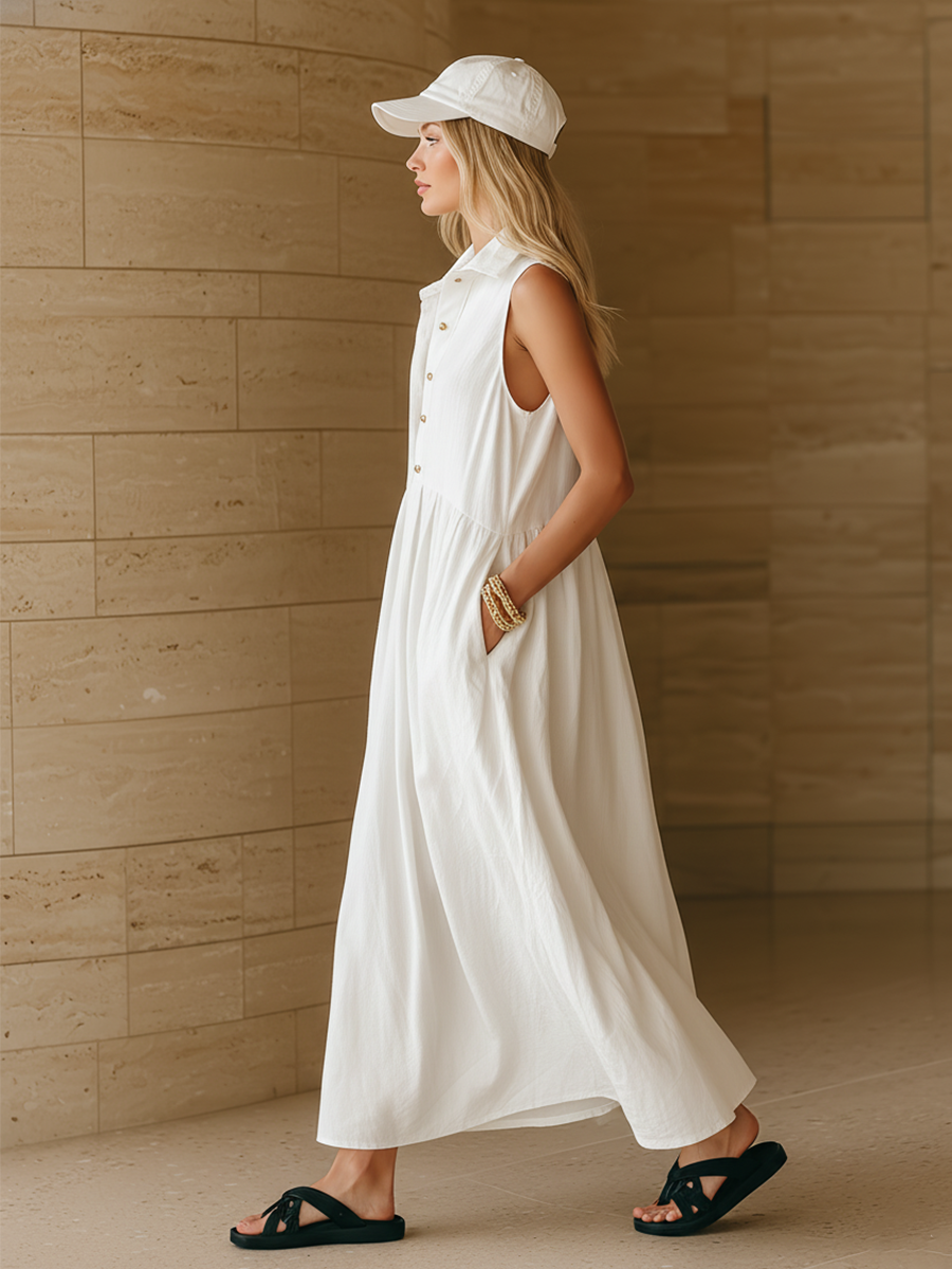 Casual White Cotton Linen Collared Sleeveless Button Down Maxi Dress