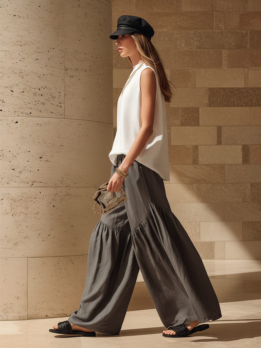 Casual White Sleeveless Cotton Linen Top And Grey Wide Leg Pants Set