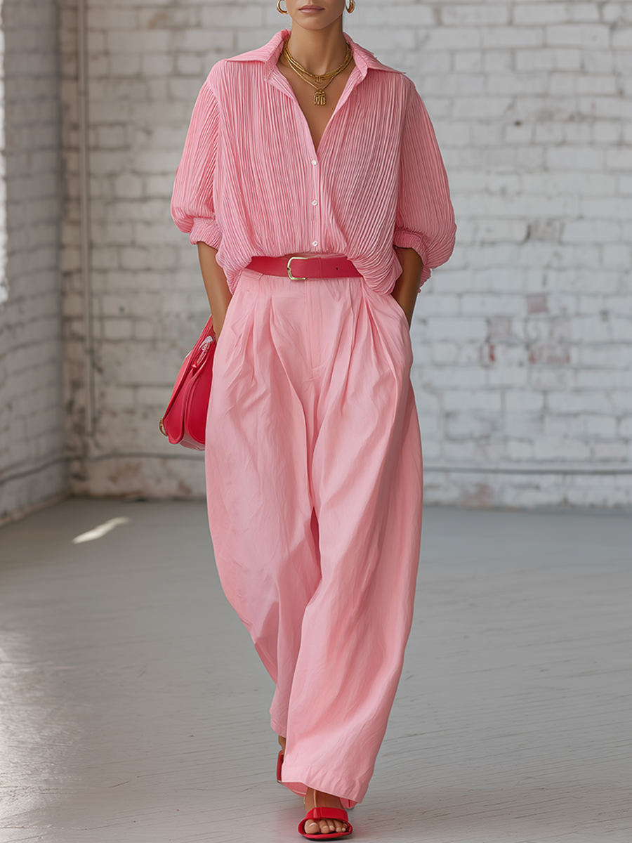 Urban Style Pink Collared Chiffon Short Sleeve Top And Cotton Linen Wide Leg Pants Set