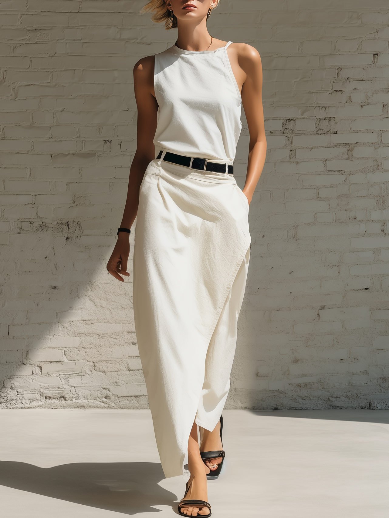 Stylish Minimalist Sleeveless One-Shoulder Top And Belted Slit Long Skirt White Cotton Set