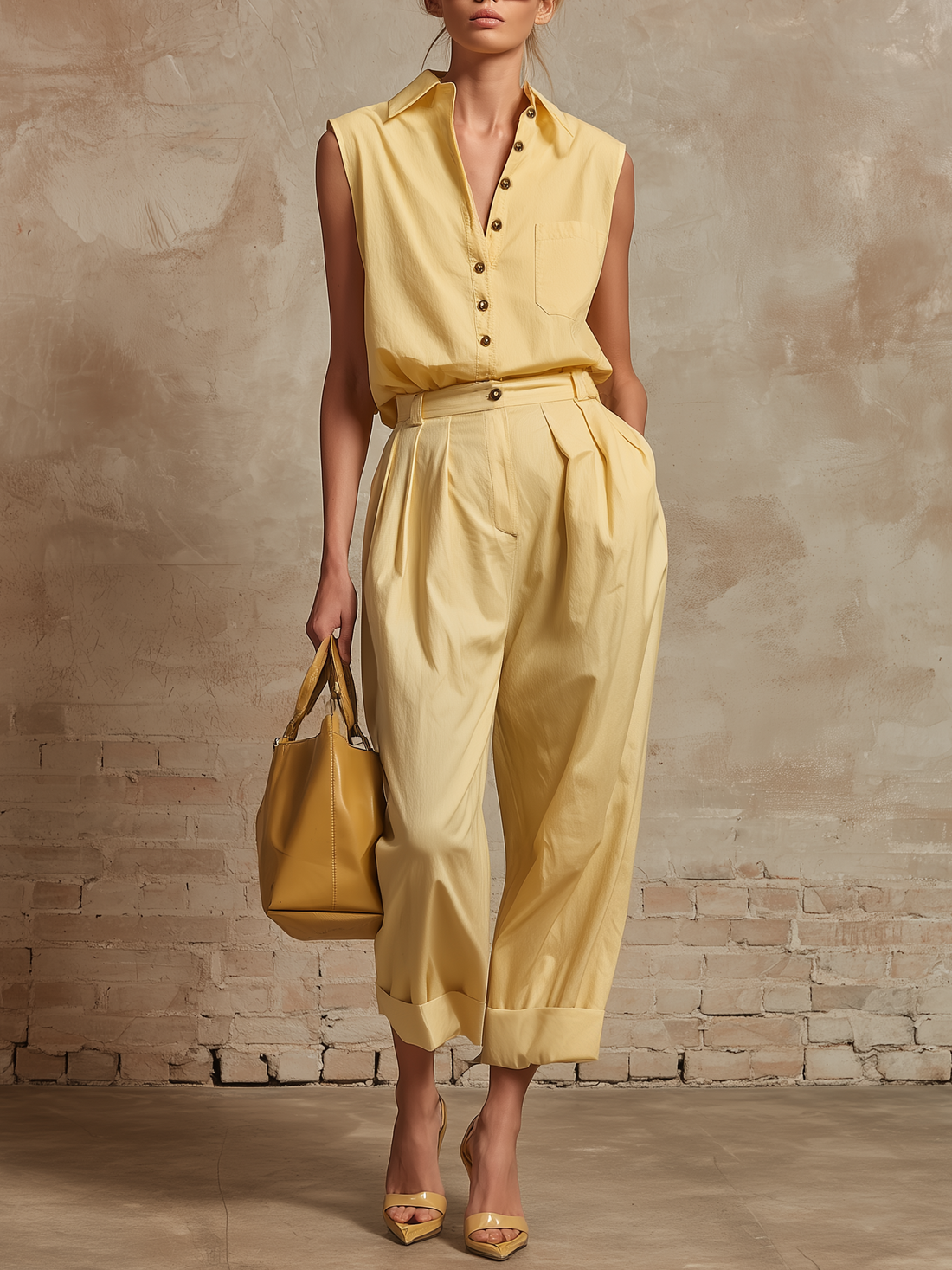 Stylish Minimalist Sleeveless Collared Button-Front Top And Wide-Leg Trousers Yellow Cotton Set