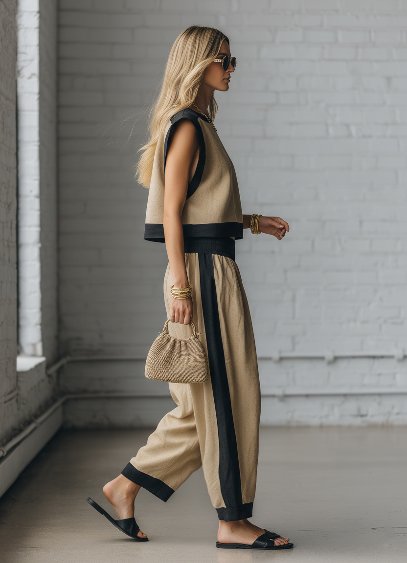 Casual Beige And Black Color Block Cotton Linen Sleeveless Top And Wide Leg Pants Set
