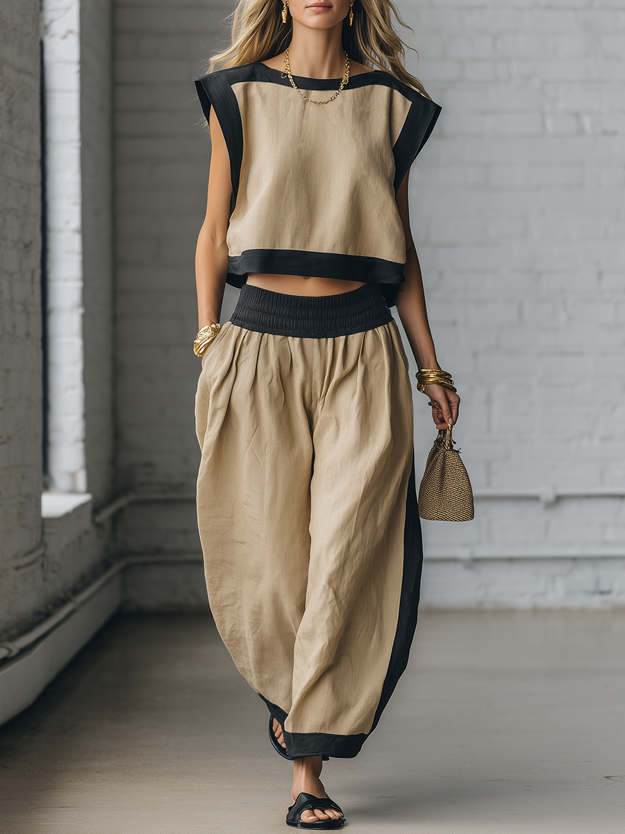 Casual Beige And Black Color Block Cotton Linen Sleeveless Top And Wide Leg Pants Set