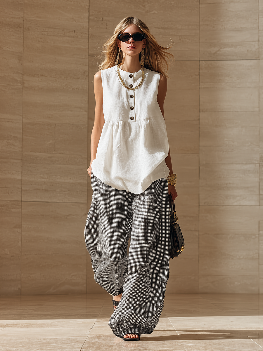 Retro White Cotton Linen Sleeveless Top And Black  White Plaid Wide Leg Pants Set