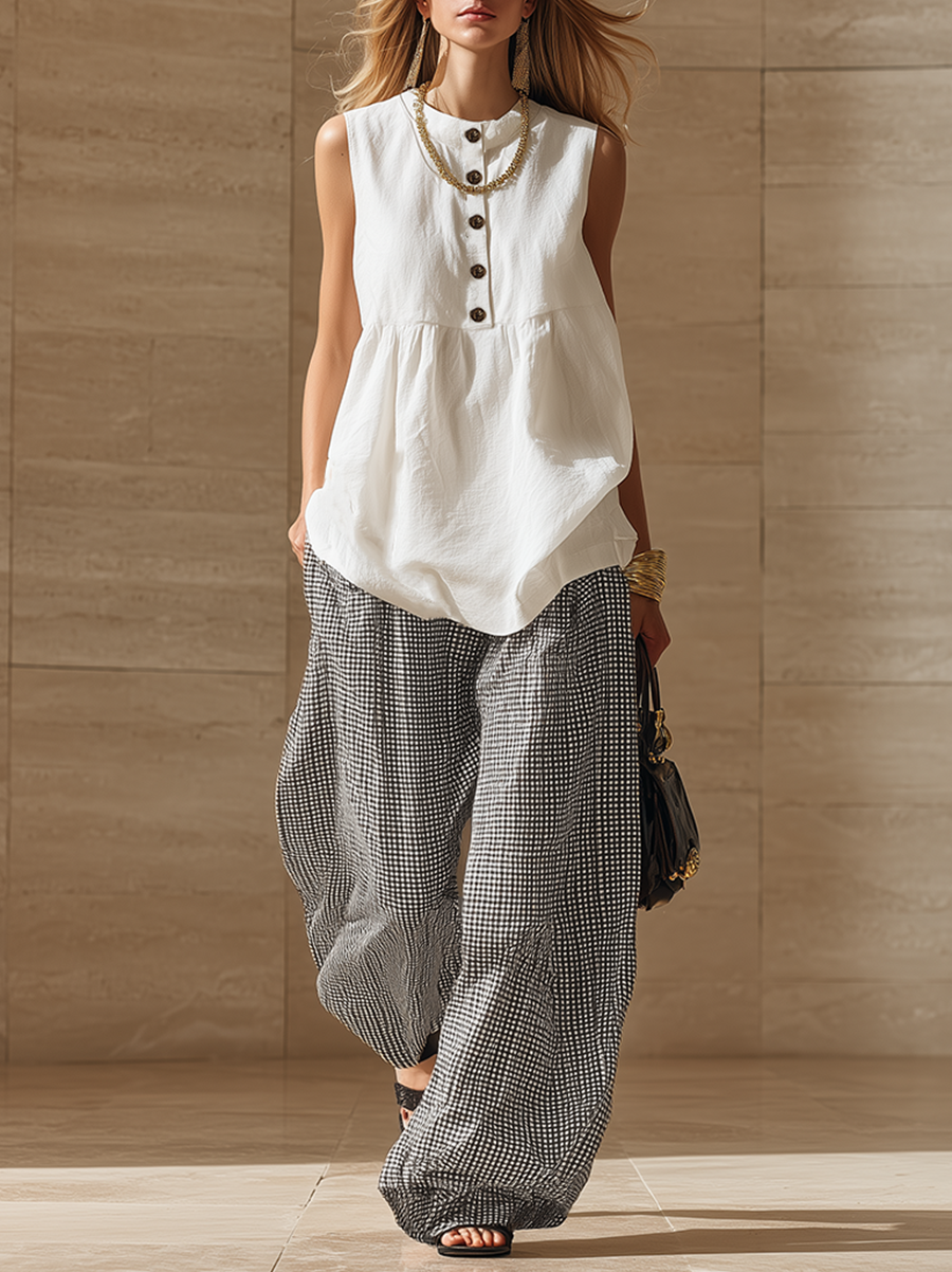 Retro White Cotton Linen Sleeveless Top And Black  White Plaid Wide Leg Pants Set