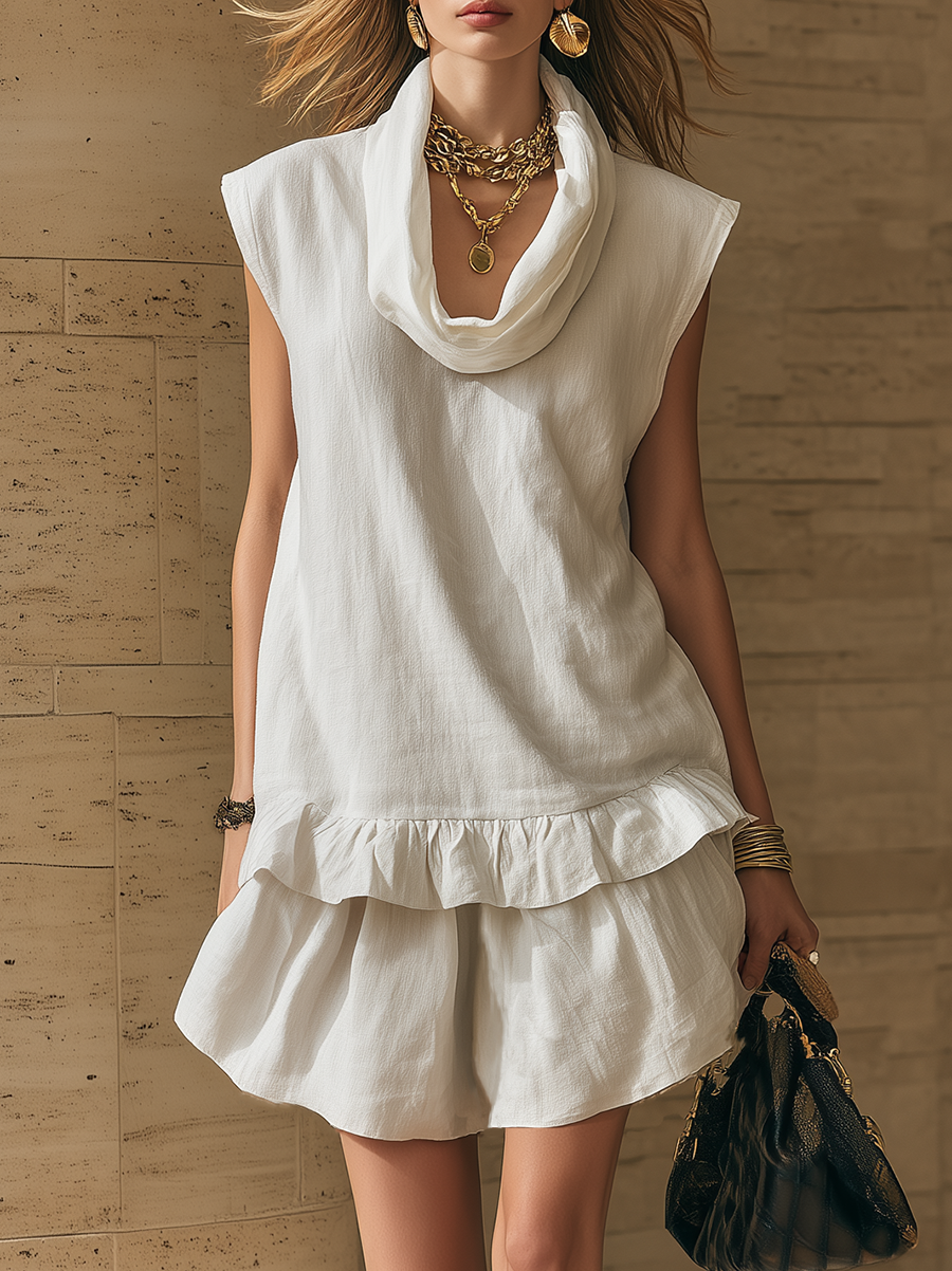Casual White Cotton Linen Sleeveless Ruffled Mini Dress