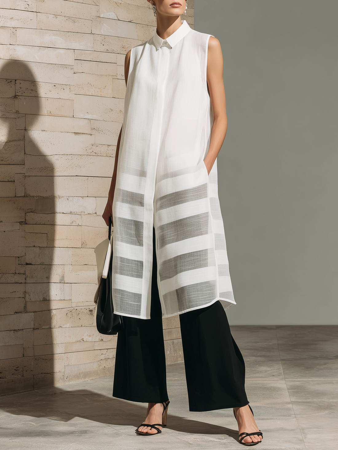 Stylish Minimalist Sleeveless Cotton Striped Shirt-Collar White Chiffon Midi Dress