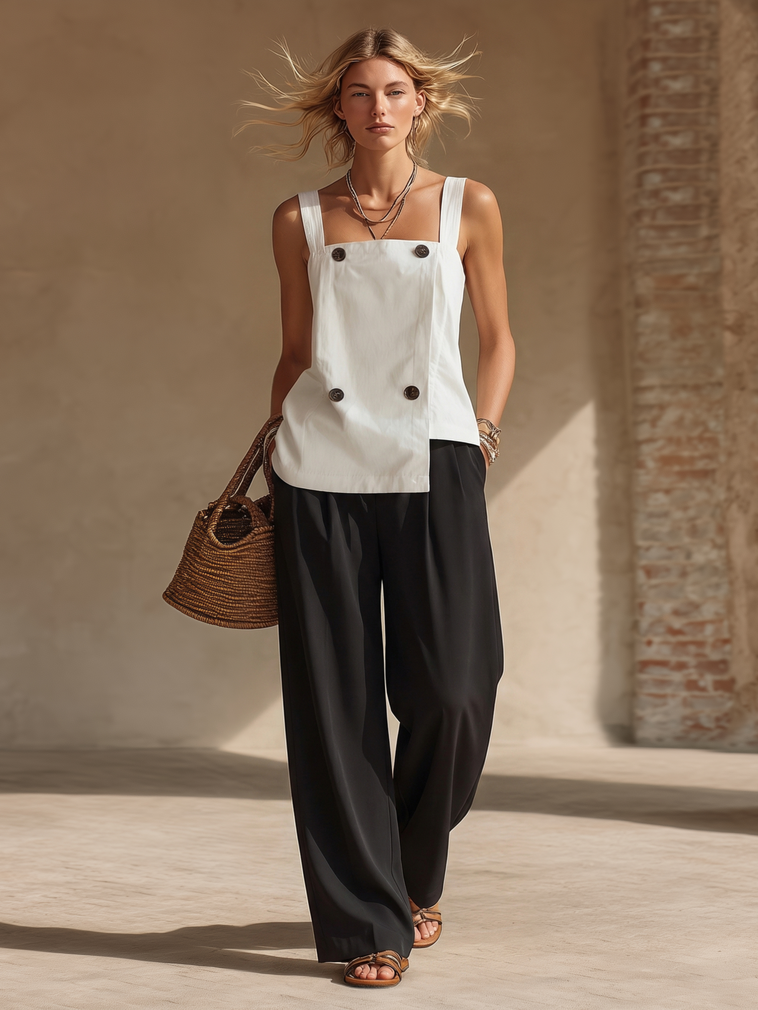 Stylish Minimalist Sleeveless White Square Neckline Straps Button Top And Black Wide-Leg Pant Cotton Set