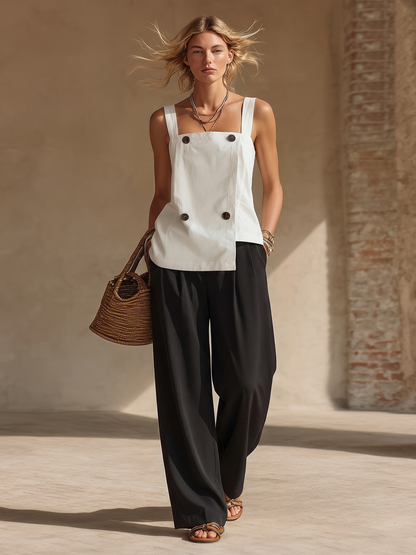 Stylish Minimalist Sleeveless White Square Neckline Straps Button Top And Black Wide-Leg Pant Cotton Set