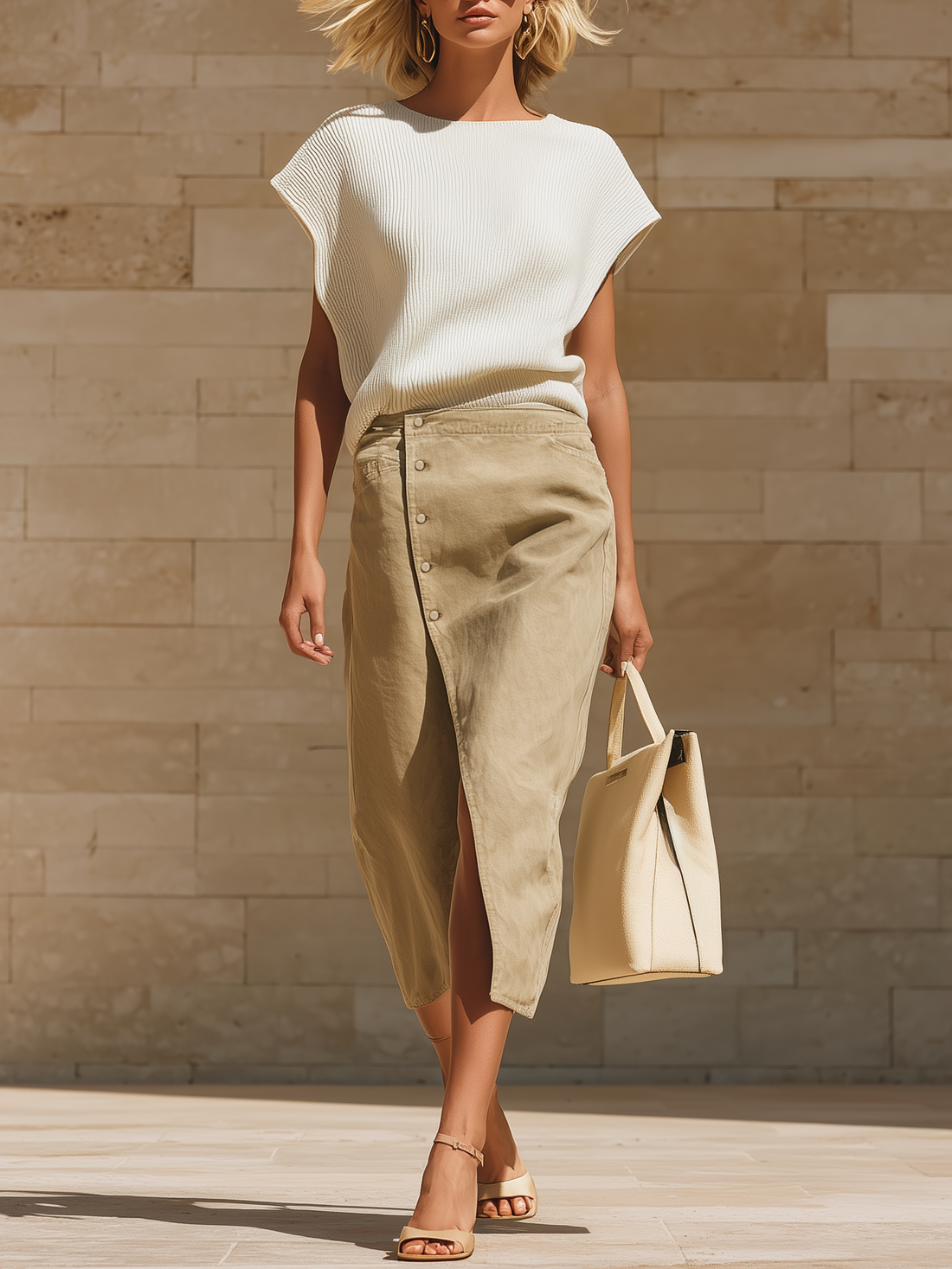 Stylish Minimalist Lightweight White Short-Sleeve Knit Top And Side Slit Khaki Denim Skirt Set