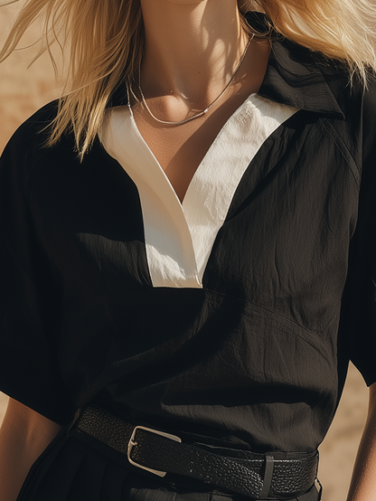 Stylish Minimalist Short-Sleeve White-Paneled V-Neck Top And Waist-Tie Shorts Black Cotton Set