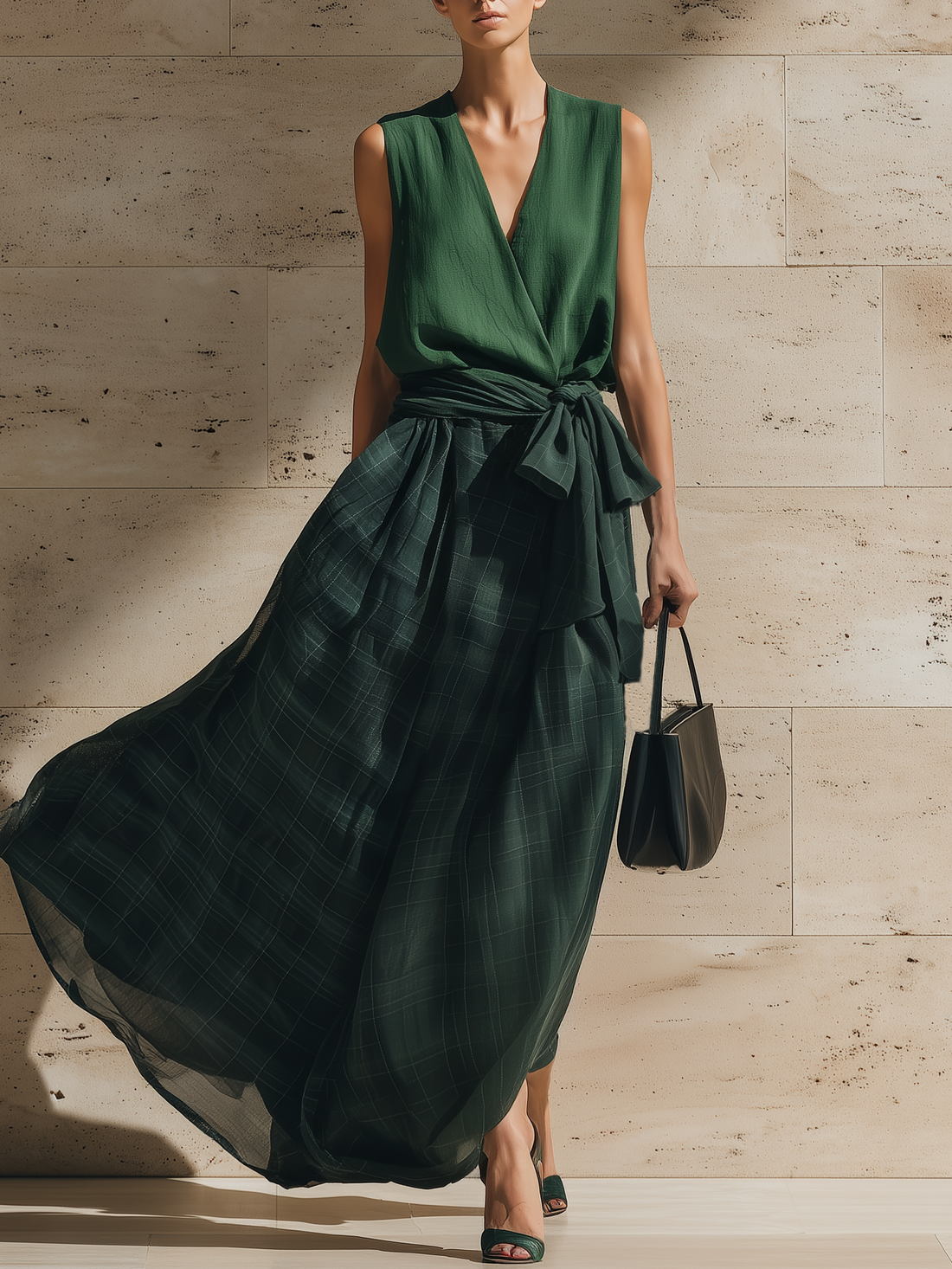 Stylish Simple Sleeveless V-Neck Cotton Top And Green Plaid Waist-Tie Chiffon Maxi Skirt Green Set