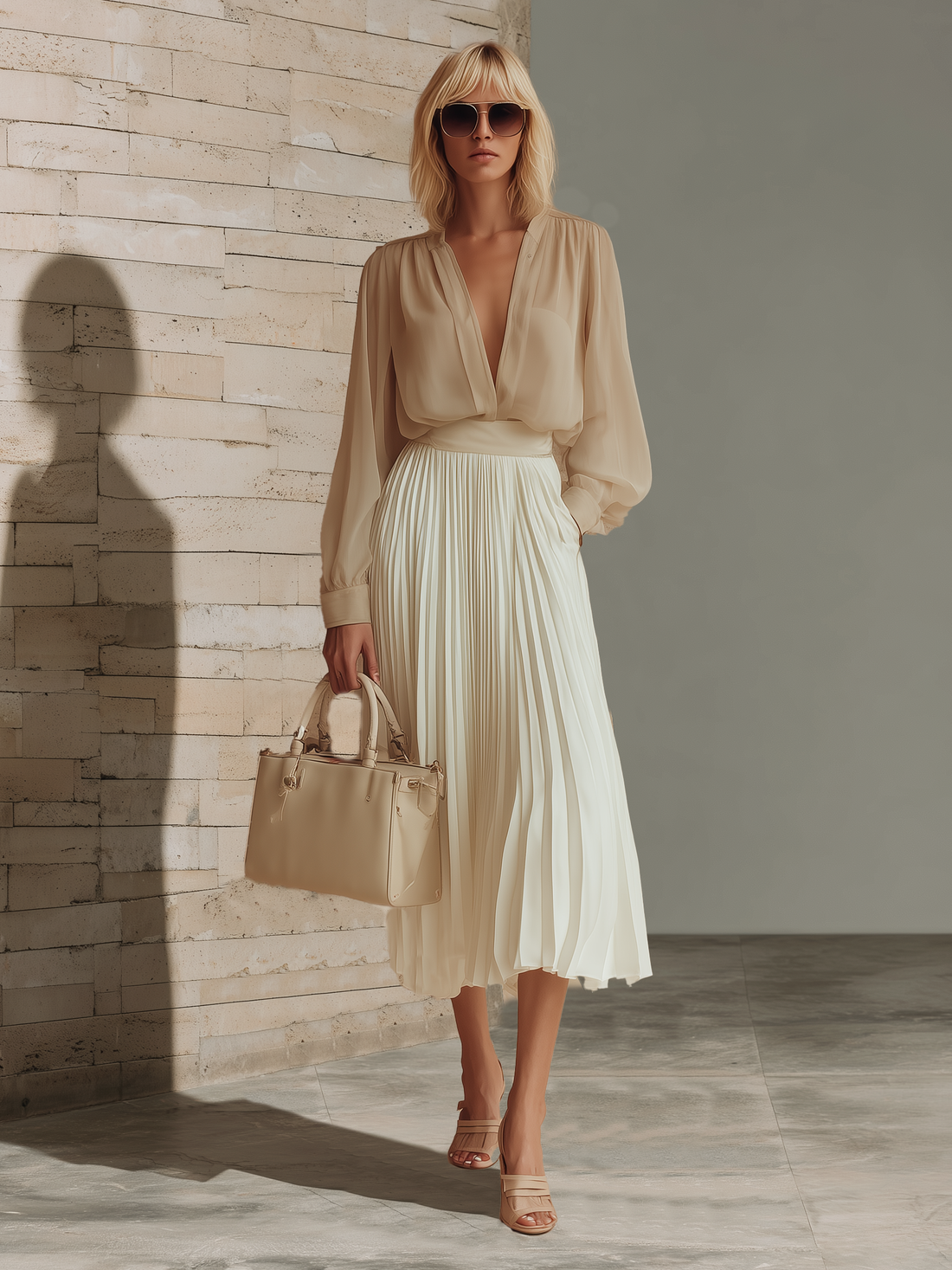Chic Minimalist Khaki V-Neck Long-Sleeve Chiffon Top And Pleated White Satin Midi Skirt Set