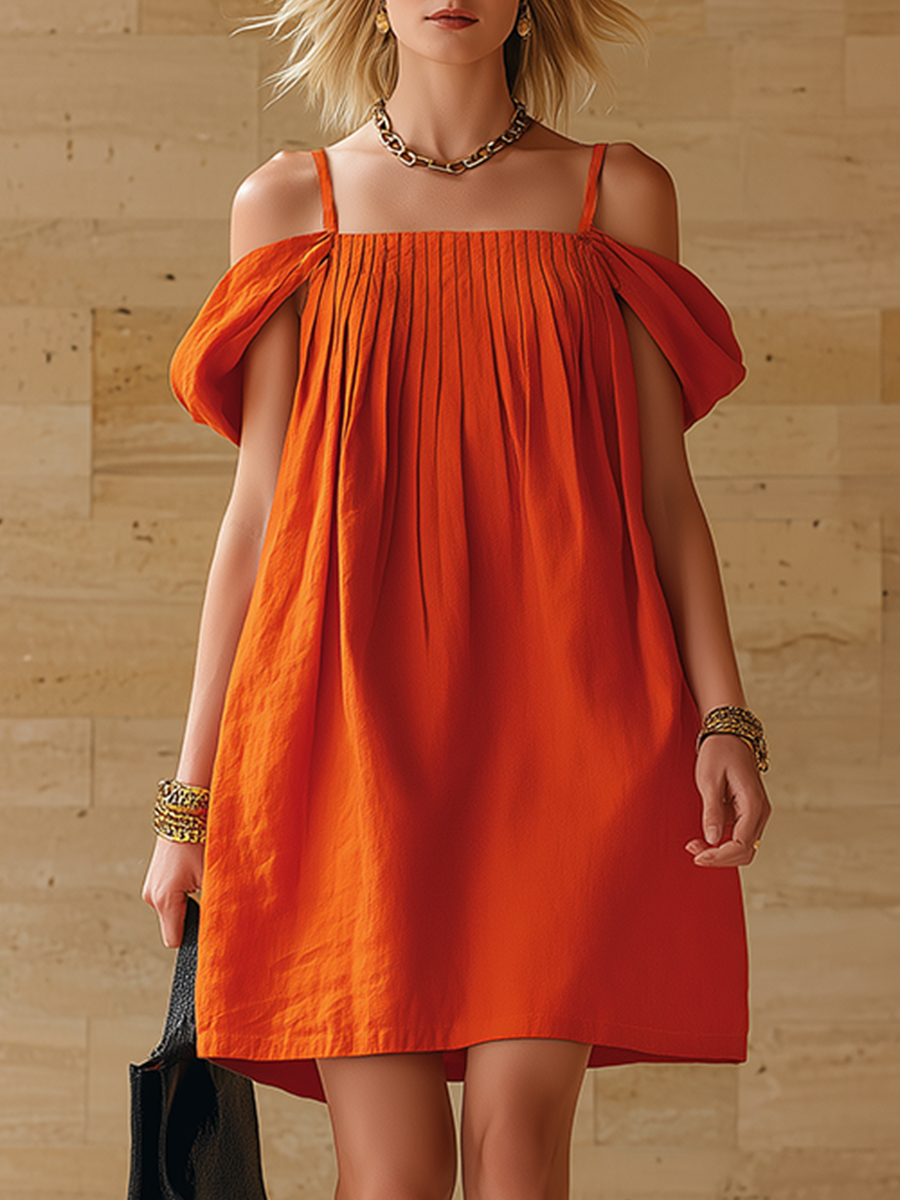 Retro Orange Cotton Linen Strappy Off Shoulder Mini Dress