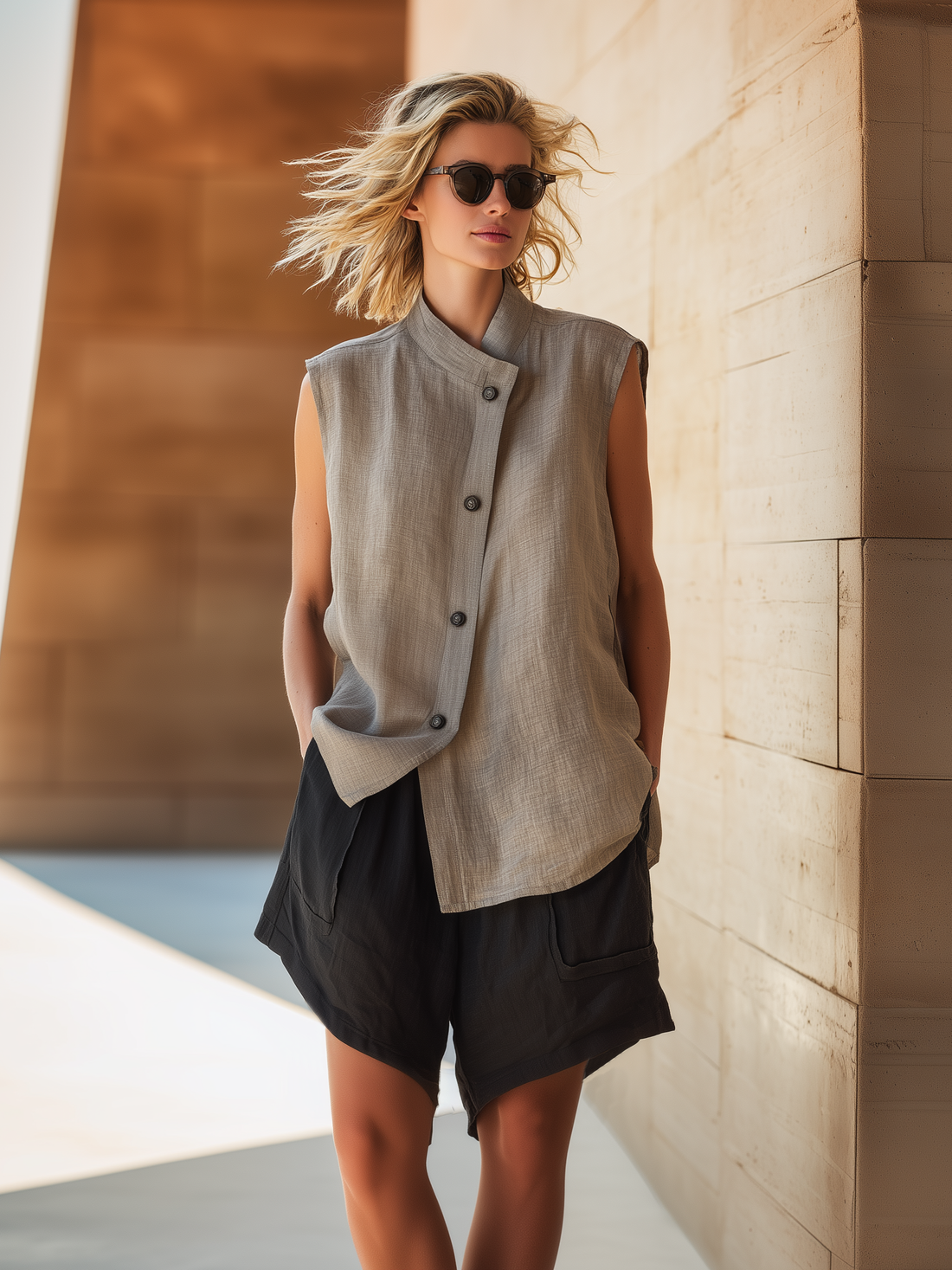 Stylish Minimalist Sleeveless Grey Asymmetrical Front Button Top And Black Shorts Cotton-Linen Set