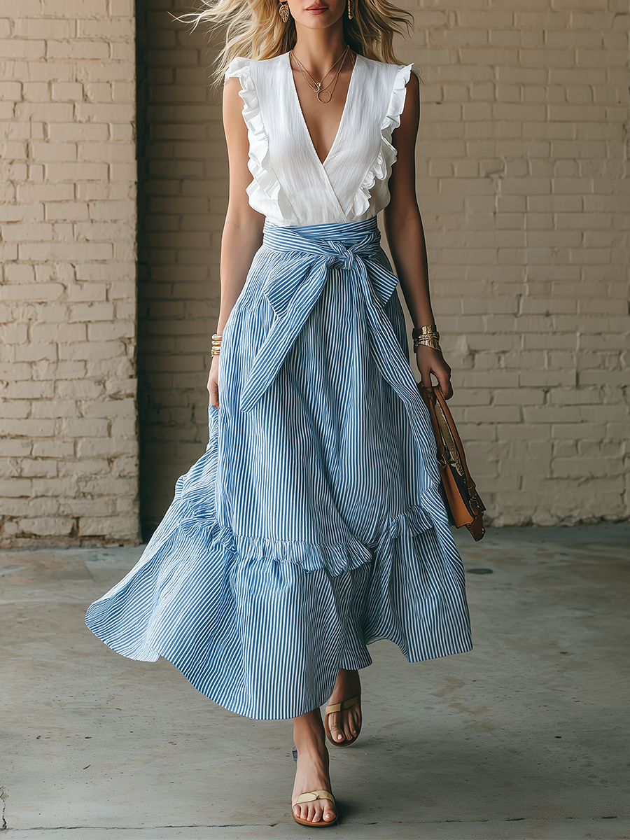 Urban Style White Cotton Linen Sleeveless Top And Blue Striped Tie Waist Skirt Set