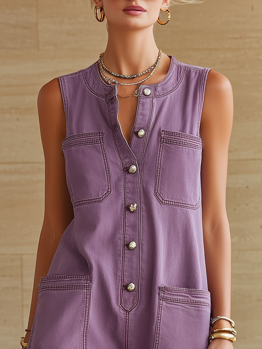 Retro Purple Denim Sleeveless Jumpsuit