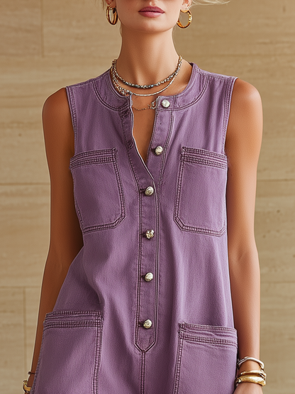 Retro Purple Denim Sleeveless Jumpsuit