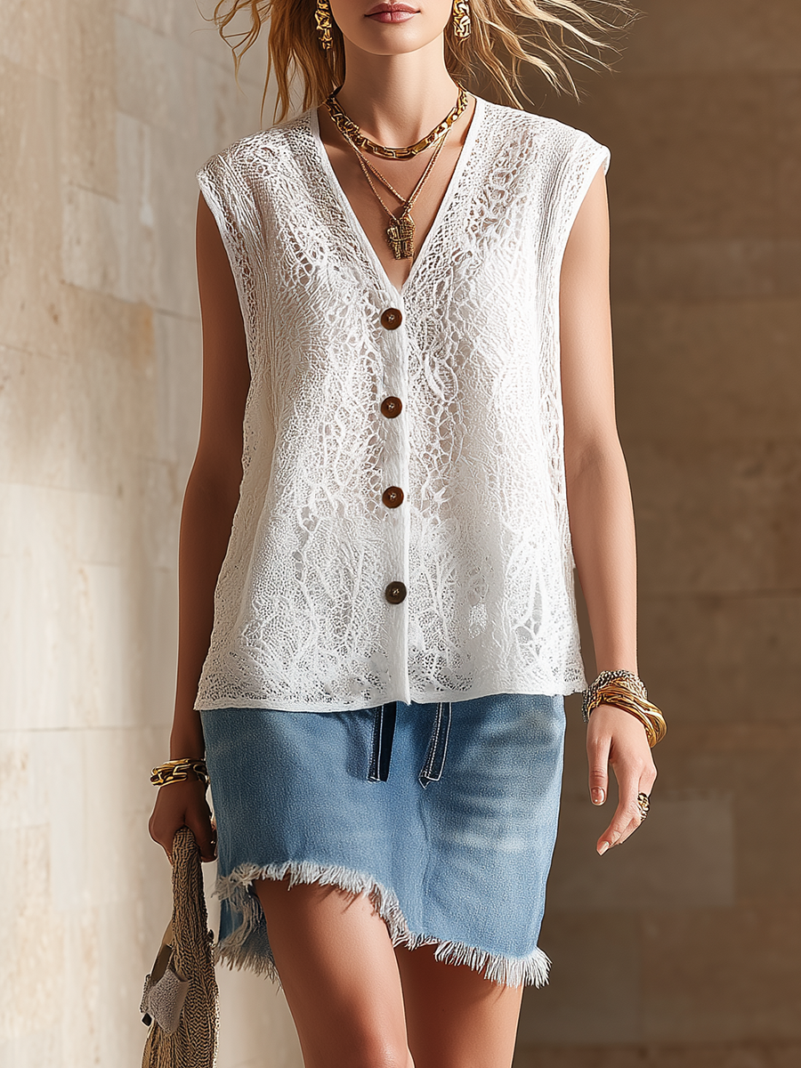 Urban Style White Lace Sleeveless Top And Denim Skirt Set