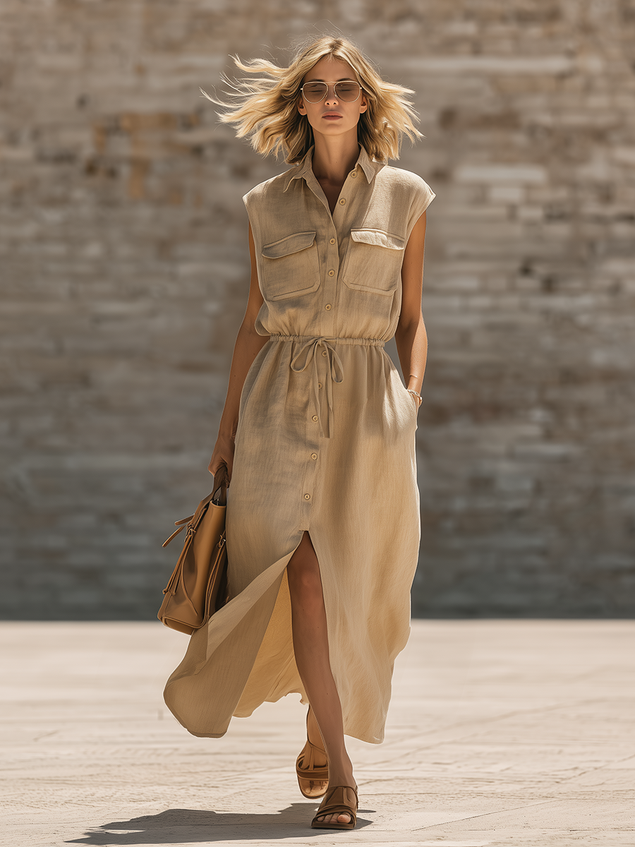 Stylish Minimalist Sleeveless Button-Front Collared Pockets Front Slit Beige Cotton-Linen Maxi Dress