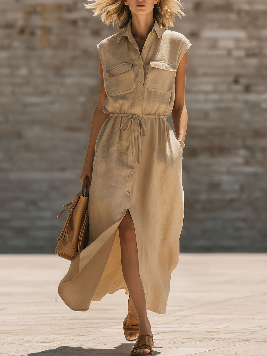 Stylish Minimalist Sleeveless Button-Front Collared Pockets Front Slit Beige Cotton-Linen Maxi Dress