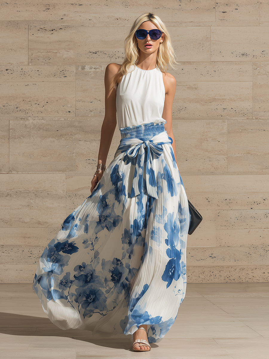 Stylish Minimalist Blue Printed Pleated Waist Tie Chiffon Skirt