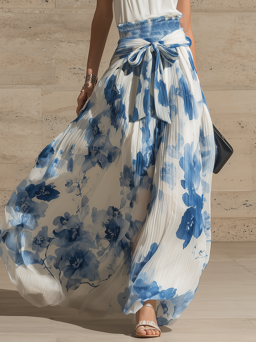 Stylish Minimalist Blue Printed Pleated Waist Tie Chiffon Skirt