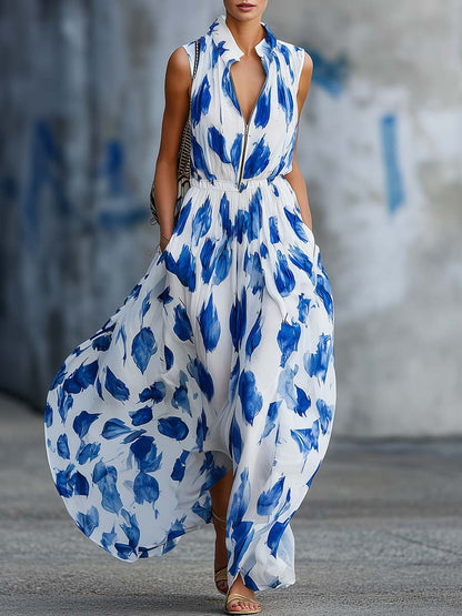 Elegant Casual Urban V-Neck Front-Zip Blue Tulip-Print Chiffon Maxi Dress