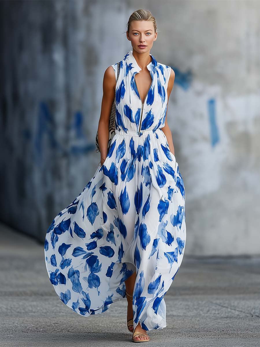 Elegant Casual Urban V-Neck Front-Zip Blue Tulip-Print Chiffon Maxi Dress