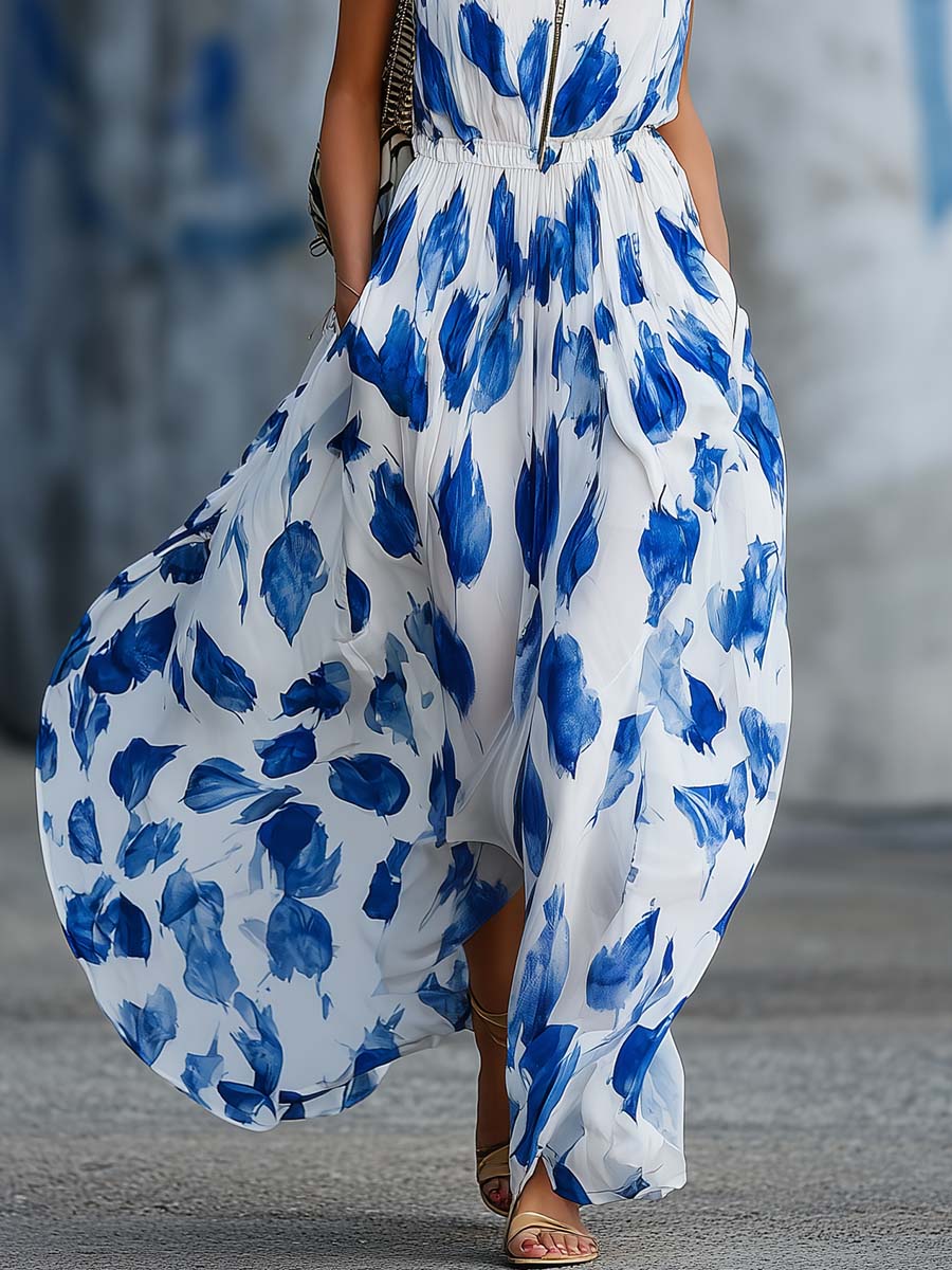 Elegant Casual Urban V-Neck Front-Zip Blue Tulip-Print Chiffon Maxi Dress