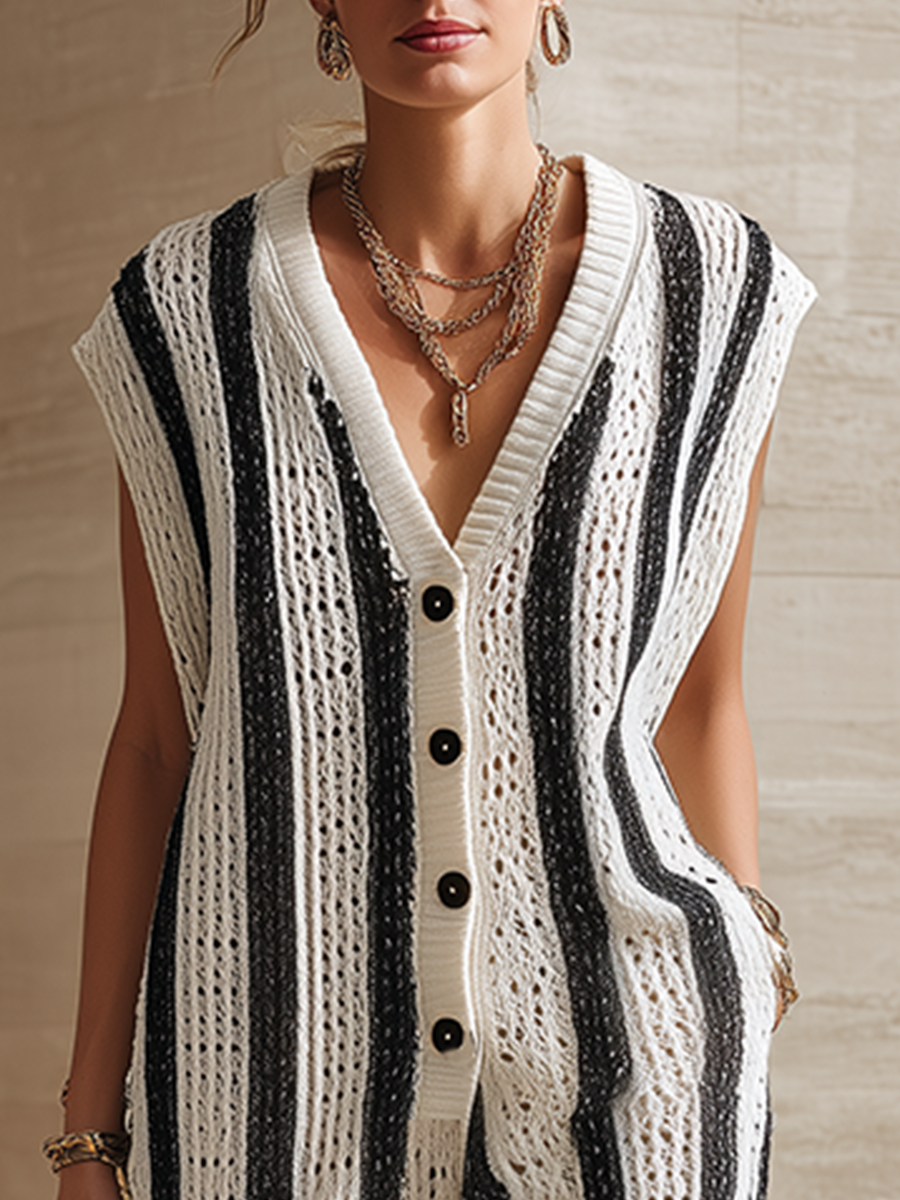 Casual Black And White Striped Knitted Sleeveless V-Neck Jumpsuit