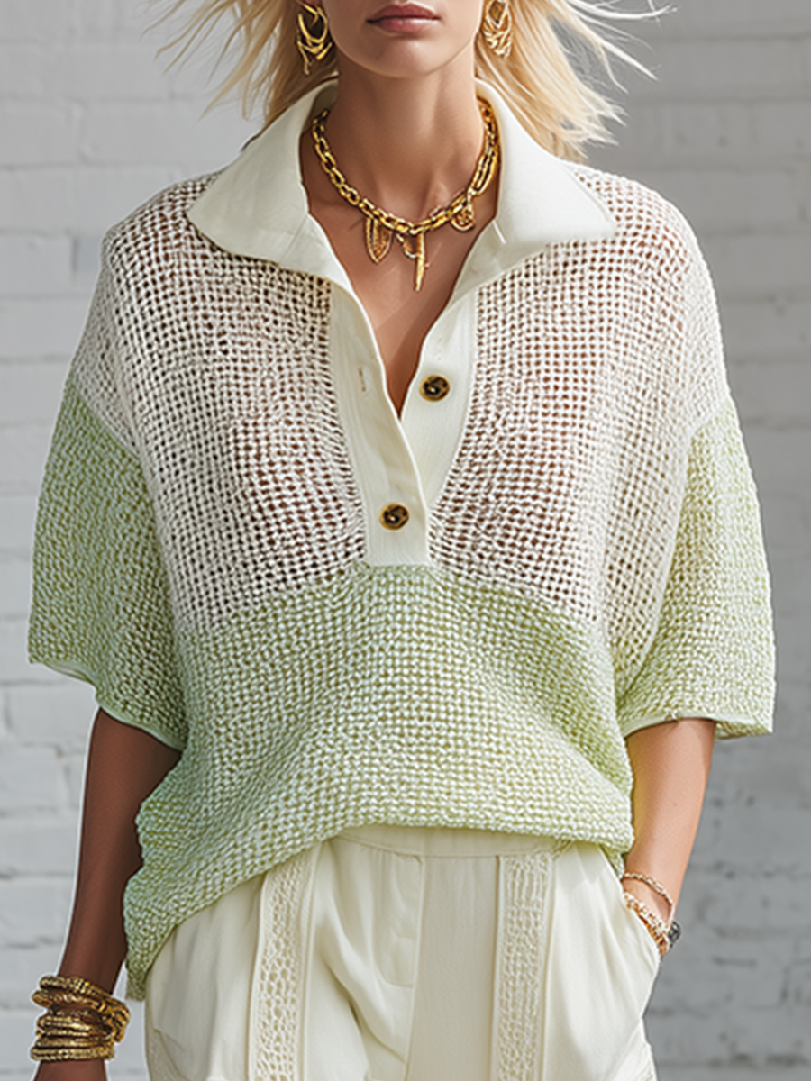 Casual Light Green Color Block Mesh Knit Short Sleeve Polo Sweater