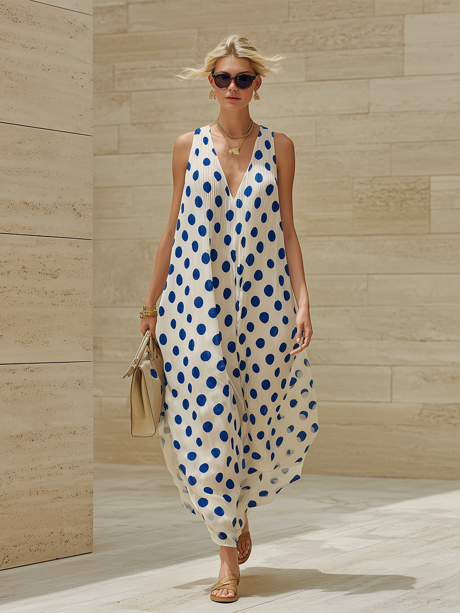 Casual White Chiffon Sleeveless  With Blue Polka Dots Maxi Dress