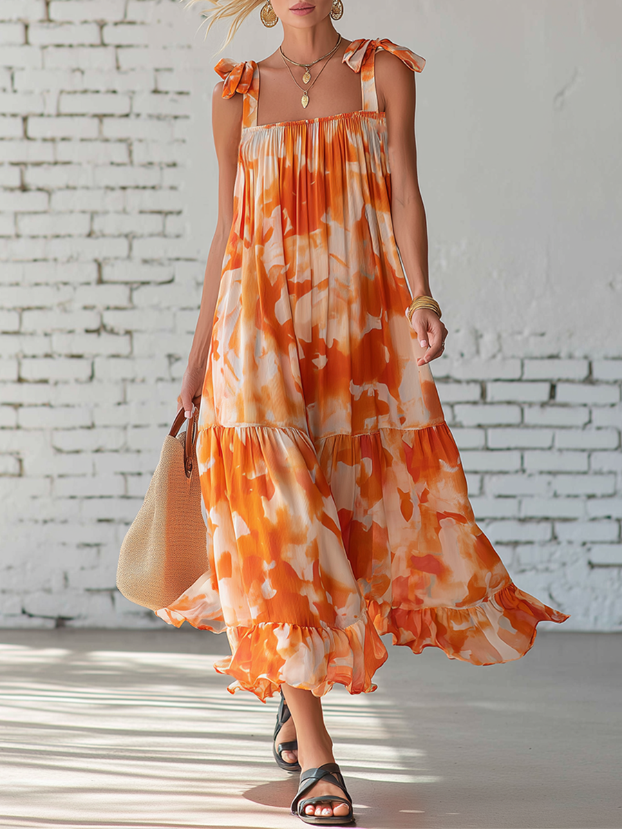 Vacation Style Chiffon Sleeveless  With Irregular Orange Print Midi Dress