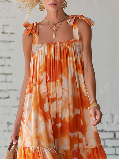 Vacation Style Chiffon Sleeveless  With Irregular Orange Print Midi Dress