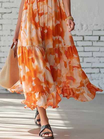Vacation Style Chiffon Sleeveless  With Irregular Orange Print Midi Dress