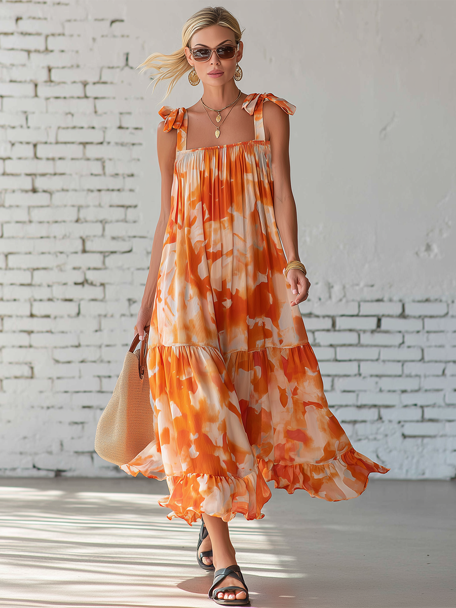 Vacation Style Chiffon Sleeveless  With Irregular Orange Print Midi Dress