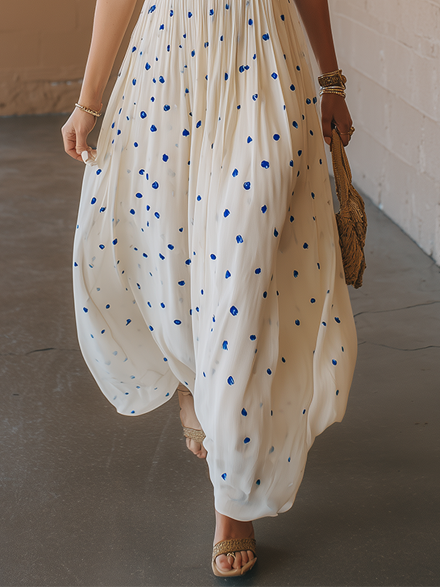 Casual White Chiffon V-Neck Blue Polka Dot Midi Dress