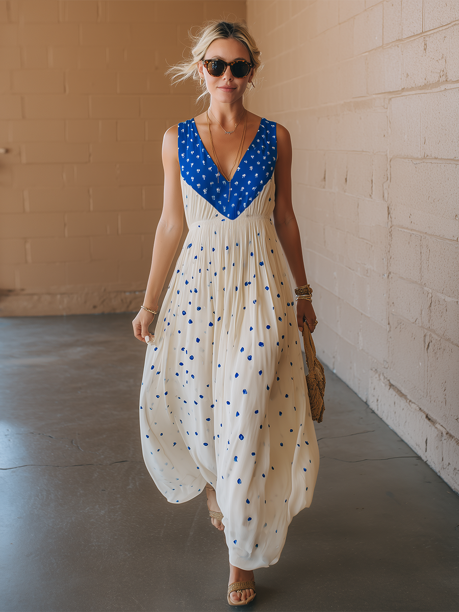 Casual White Chiffon V-Neck Blue Polka Dot Midi Dress