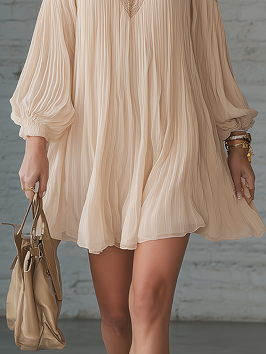 Casual Beige Chiffon Pleated Off Shoulder Long Sleeve Mini Dress