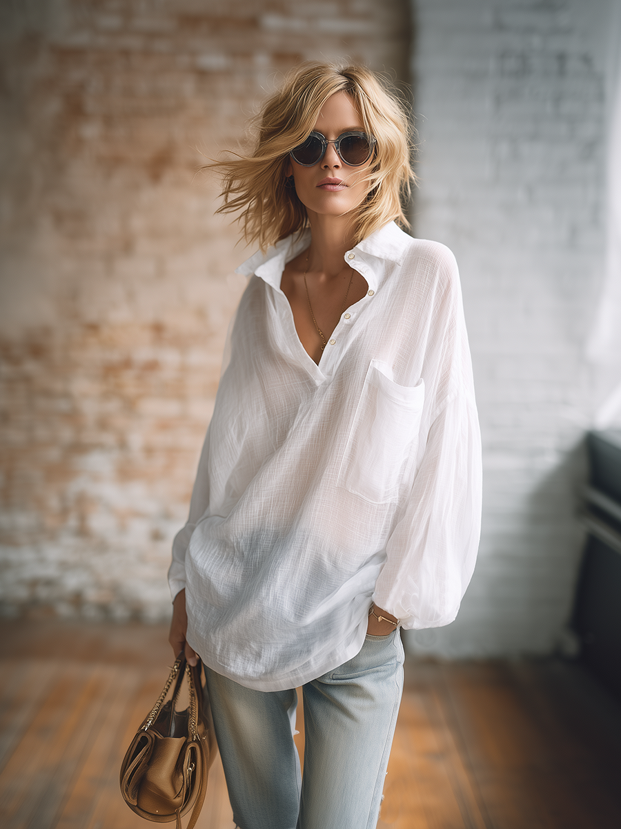 Stylish Minimalist Loose-Fit Long-Sleeve Polo Collar Half-Button White Cotton Shirt